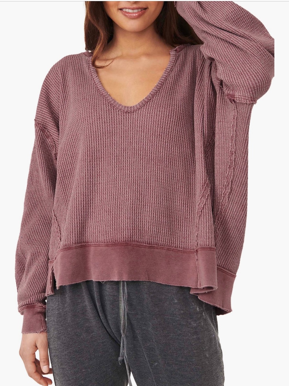 Free People Relaxed Waffle V-Neck Sweater in Mauve